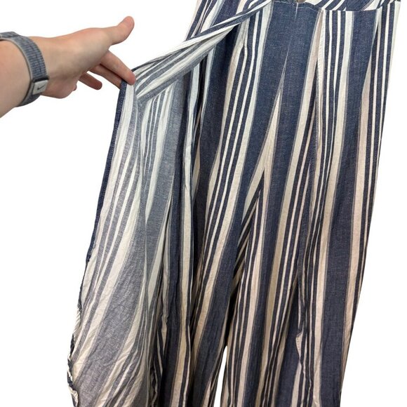 Coco + Jaimeson Linen Blend Tie Striped Blue Open Leg Jumpsuit Size Medium - Picture 4 of 13